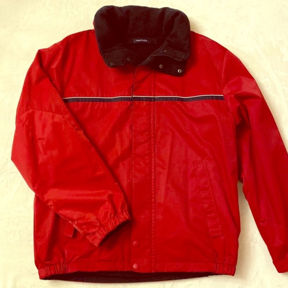 VTG NAUTICA REVERSIBLE COAT MEN L RED W/NAVY FLEECE LINED HIDDEN HOOD COSTAL